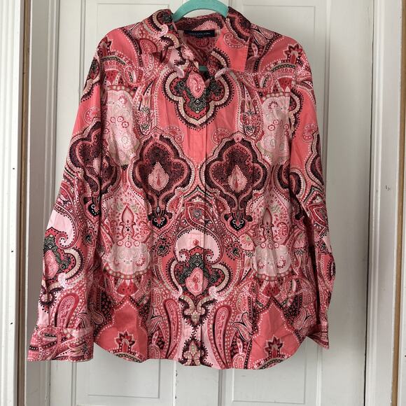 Jones New York 1X Shirt Pink Paisley Button Down Front Cotton L/S - Picture 1 of 6